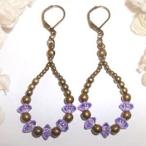 Boho Earrings Hoop Teardrop Purple and Bronze Rustic Bohemian Style Jewelry 7048